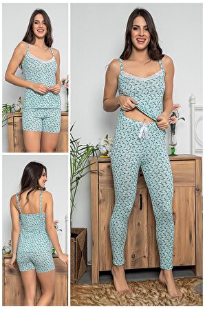 MyBen Kadın Çiçek Desenli Dantel Detaylı Şortlu ve Taytlı Pijama Takımı 3'lü Set 75013