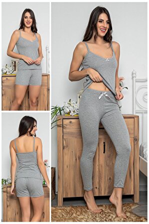 MyBen Kadın Gri Renkli  Şortlu ve Taytlı Pijama Takımı 3'lü Set 75009