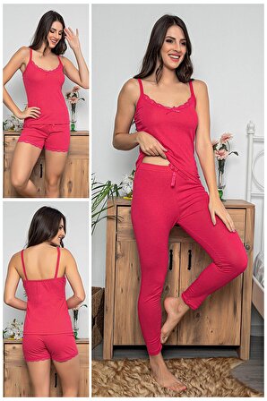 MyBen Kadın Fuşya Renkli Dantel Detaylı Şortlu ve Taytlı Pijama Takımı 3'lü Set 75008