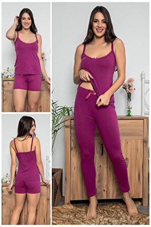 MyBen Kadın Mor Renkli Dantel Detaylı Şortlu ve Taytlı Pijama Takımı 3'lü Set 75022