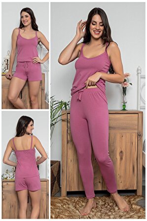 MyBen Kadın Lila Renkli Şortlu ve Taytlı Pijama Takımı 3'lü Set 75017