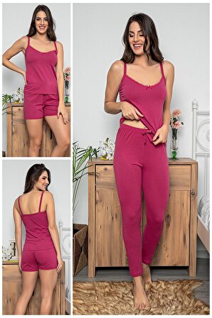 MyBen Kadın Mürdüm Renkli Dantel Detaylı Şortlu ve Taytlı Pijama Takımı 3'lü Set 75023