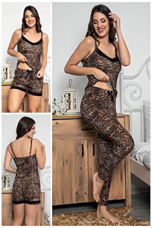 MyBen Kadın Leopar Desenli Dantel Detaylı Şortlu ve Taytlı Pijama Takımı 3'lü Set 75000