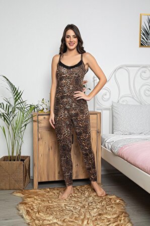 MyBen Kadın Leopar Desenli Dantel Detaylı Şortlu ve Taytlı Pijama Takımı 3'lü Set 75000