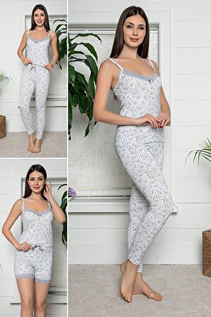MyBen Kadın Beyaz Renkli Dantel Detaylı Şortlu ve Taytlı Pijama Takımı 3'lü Set 75027