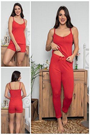 MyBen Kadın Kırmızı Renkli Dantel Detaylı Şortlu ve Taytlı Pijama Takımı 3'lü Set 75021