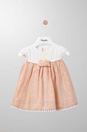 Nakış İşlemeli Bayramlık Kız Bebek Elbise Somon 13108
