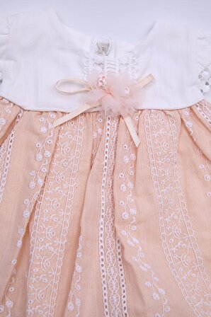 Nakış İşlemeli Bayramlık Kız Bebek Elbise Somon 13108