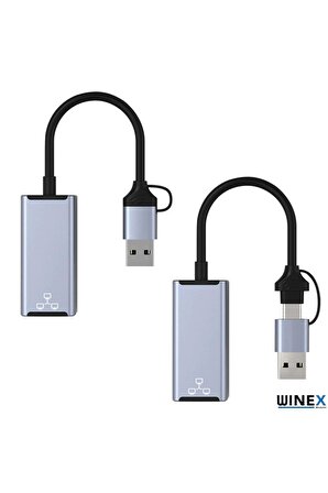 Global 2in1 USB ve Type-C to RJ45 Ethernet Adaptörü WNE0164