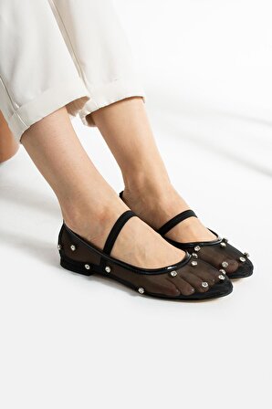 Pabuc Butik Kadın Siyah Emanuella Fileli Taşlı Lastikli Babet Ayakkabı