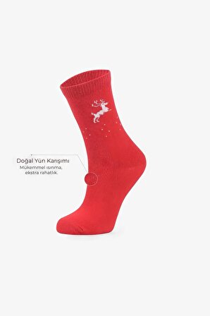 Yılbaşı Özel Kadın 3'lü Lüks Geyik Desenli Yünlü Çorap