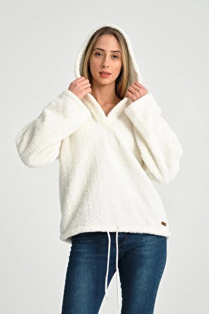 Kadın Beyaz Kapüşonlu Peluş Sweatshirt