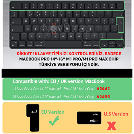 NovStrap Apple Macbook Pro 2021 14 inç M1 A2442 Uyumlu Türkçe Q Klavye Siyah Klavye Koruyucu Kılıf