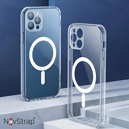 NovStrap Apple iPhone 12 Pro Uyumlu Magsafe Kılıf 6.1 inç Şeffaf Magsafe Full Kamera Korumalı Kapak