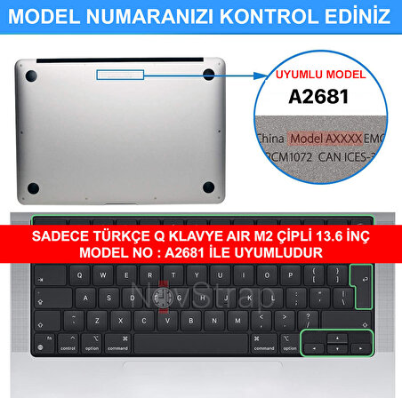 NovStrap Apple Macbook Air 2022 13.6 inç M2 A2681 Uyumlu Türkçe Q Klavye Siyah Klavye Koruyucu Kılıf