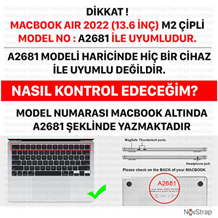 NovStrap Apple MacBook Air 13.6 inç 2022 M2 Çip A2681 Uyumlu Kılıf Parlak-Şeffaf Klavye Kılıfı-Film