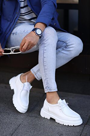 Shoetyle - Beyaz Deri Bağcıklı Erkek Günlük Ayakkabı 101-9009