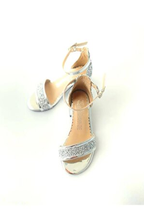 Gümüş simli Kız Çocuk Topuklu Ayakkabı