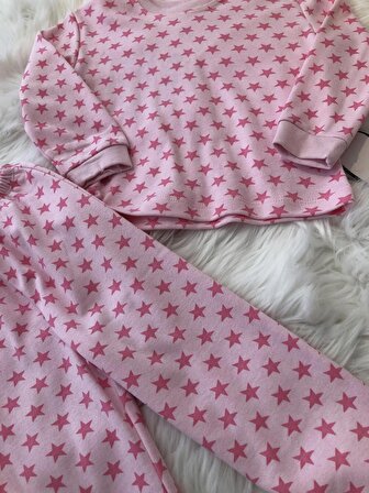 Yıldız Desenli Pembe Pamuklu Kız Pijama Takımı 220