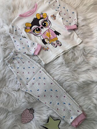 Baykuş Desenli Uzun Kol Kız Pijama Takımı 3045