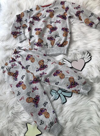 Karışık Baskılı İçi Polarlı Kız Çocuk Pijama Takımı 024