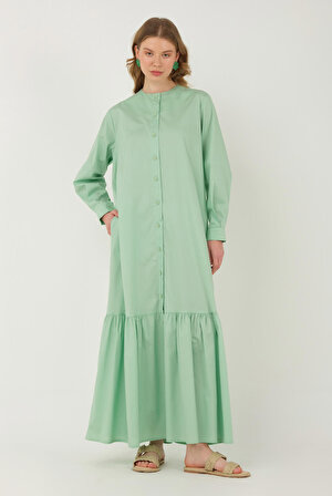 Poplin Fırfırlı Elbise Su Yeşili