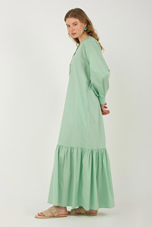 Poplin Fırfırlı Elbise Su Yeşili