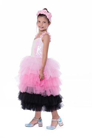 Kız Çocuk Pembe Siyah Swelled Elbise DS50023