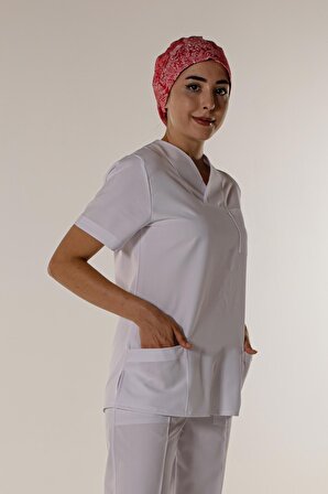 Beyaz Doktor Hemşire Üst Kadın Cerrahi Forma