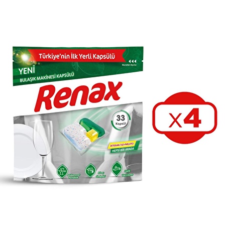 Renax Bulaşık Makinesi Kapsülü Hepsi Bir Arada 33 Lü x 4 Adet (132 Kapsül)