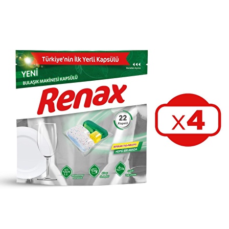 Renax Bulaşık Makinesi Kapsülü Hepsi Bir Arada 22 Li x 4 Adet (88 Kapsül)