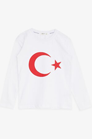 Breeze Türk Bayraklı Çocuk Uzun Kollu Tişört Kırmızı- 9-14 Yaş, Beyaz