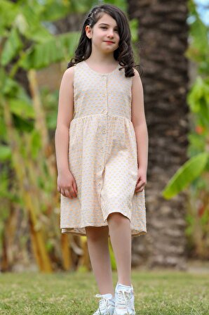 Escabel Kız Çocuk Elbise Önü Düğmeli 5-14 Yaş, Bej