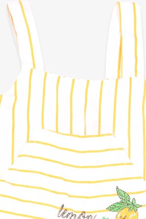 Escabel Kız Çocuk Tulum Limon Nakşlı Çizgili Desenli 1-4 Yaş, Ekru