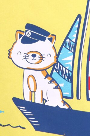 Breeze Erkek Çocuk Şortlu Takım Denizci Kedi Baskılı 1-4 Yaş, Sarı