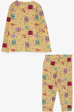 Macawı Kız Çocuk Pijama Takımı Astronot Kedicik Desenli 3-7 Yaş, Sarı