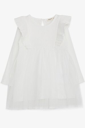 Breeze Kız Bebek Uzun Kollu Elbise Omuzu Fırfırlı Tüllü 9 Ay-3 Yaş, Beyaz