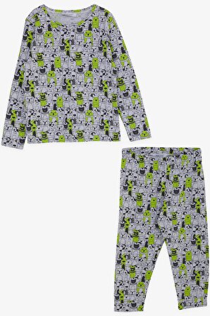 Macawı Erkek Çocuk Pijama Takımı Köpekçik Desenli 3-7 Yaş, Gri Melanj