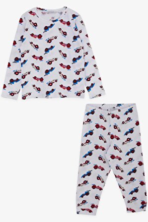 Macawı Erkek Çocuk Pijama Takımı Yarış Arabası Temalı 3-7 Yaş, Beyaz