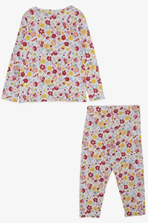 Macawı Kız Çocuk Pijama Takımı Renkli Çiçek Desenli 3-7 Yaş, Beyaz