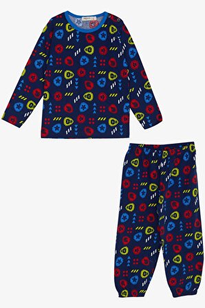 Breeze Erkek Bebek Pijama Takımı Karışık Simge Desenli 9 Ay-3 Yaş, Lacivert