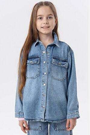 Breeze Kız Çocuk Kot Gömlek Ceket Cepli Çıtçıtlı 8-14 Yaş, Mavi