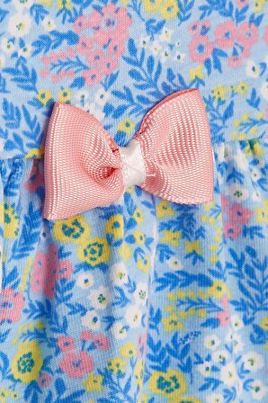 Breeze Kız Bebek Elbise Zıbınlı Çiçek Desenli Fiyonklu 9 Ay-3 Yaş, Mavi