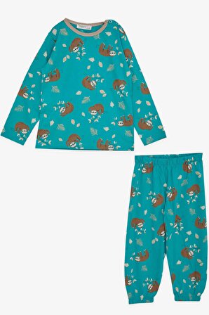 Breeze Kız Çocuk Pijama Takımı Tembel Hayvancık Desenli 1-4 Yaş, Yeşil
