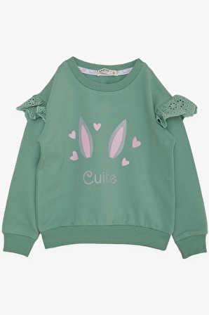 BREEZE Kız Çocuk Sweatshirt Omuzu Güpürlü Simli Kalp Baskılı 2-6 Yaş, Mint Yeşili