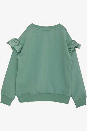 BREEZE Kız Çocuk Sweatshirt Omuzu Güpürlü Simli Kalp Baskılı 2-6 Yaş, Mint Yeşili