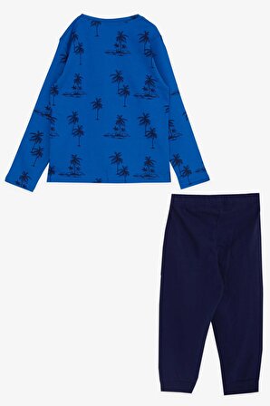Breeze Erkek Çocuk Pijama Takımı Palmiye Desenli 3-7 Yaş, Saks Mavisi