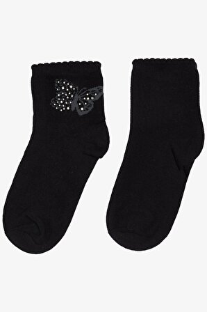 Katamino Kız Çocuk Soket Çorap Kelebek Baskılı Taşlı 7-14 Yaş, Siyah