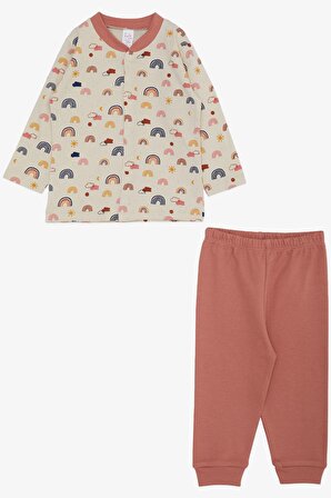 Breeze Kız Bebek Pijama Takımı Renkli Gökkuşağı Desenli 4 Ay-1 Yaş, Bej