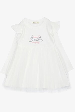 Breeze Kız Çocuk Uzun Kollu Elbise Yazı Nakışlı Pullu Tüllü Omuzu Fırfırlı 1.5-5 Yaş, Beyaz